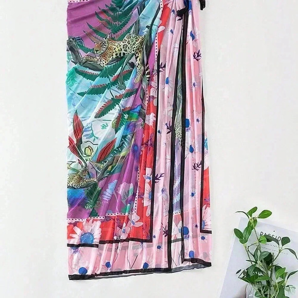 Multicolor Women's Tropical Print Knot Side Cover Up Skirt - Picture 3 of 6